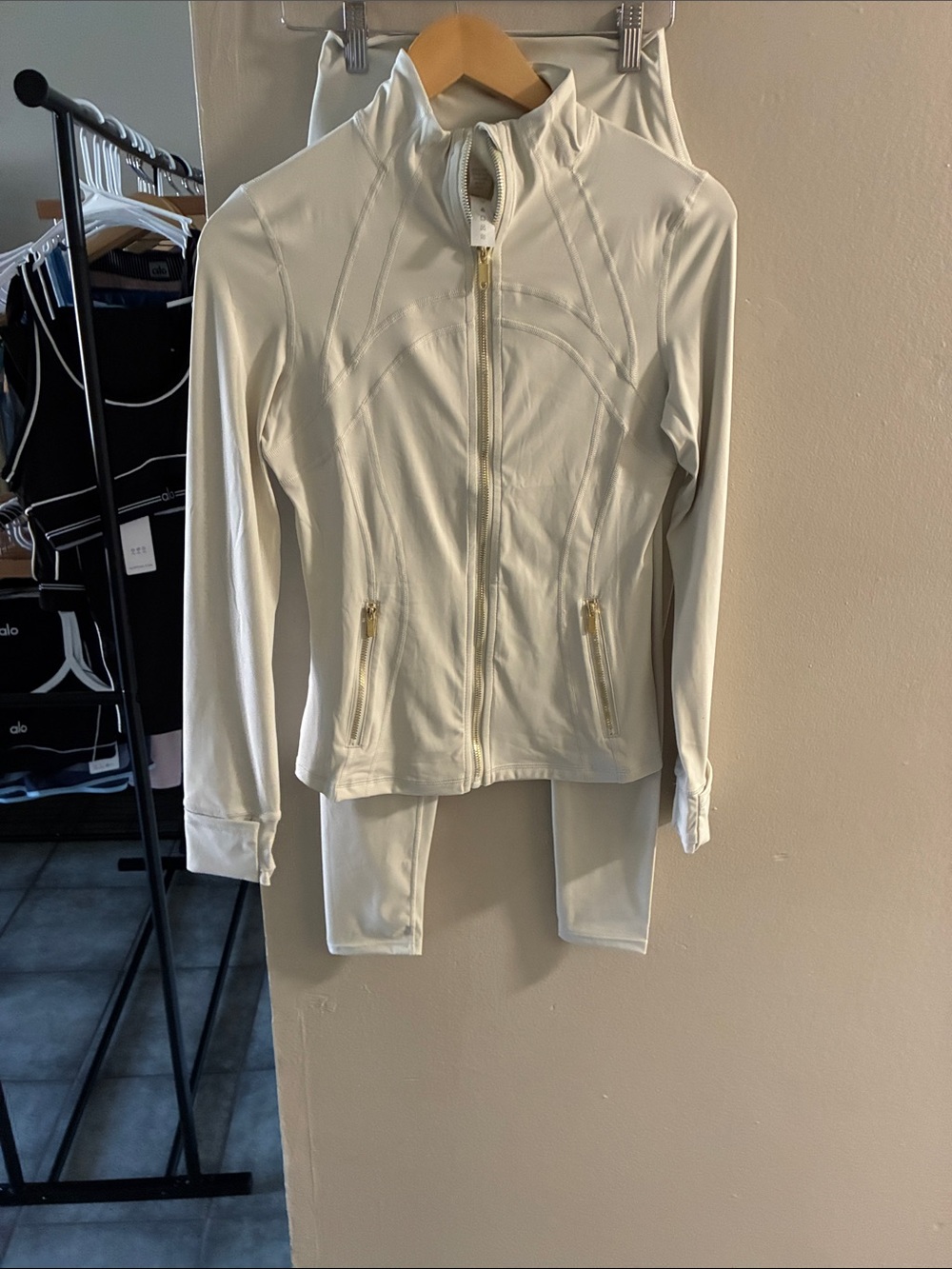 Light Cream Zip-Front Bomber Jacket with Gold Accents 2 piece